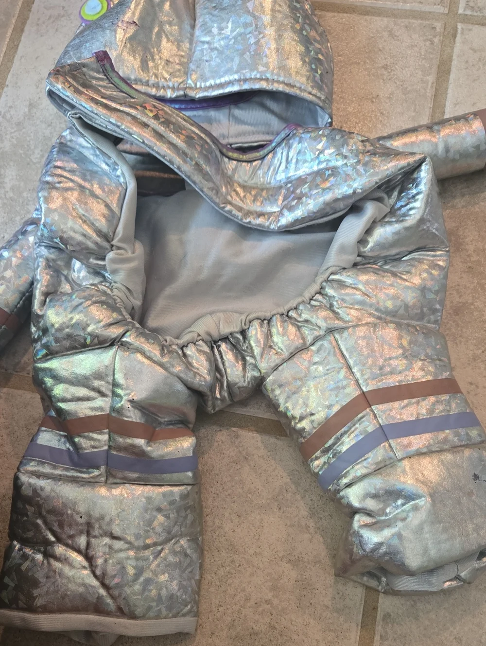 Silver Holographic Dog Astronaut Costume with Green Belt Medium